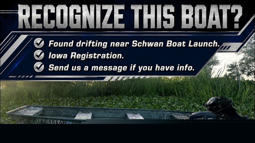 Unattended boat found drifting near Schwan Boat Launch, Iowa registration on file