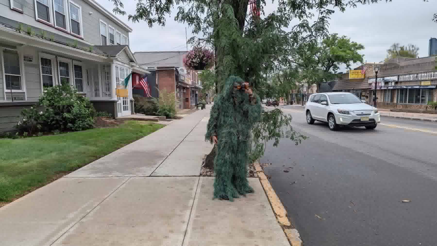 En una concurrida avenida de Nueva Jersey, un policía se camufló como arbusto para sorprender a quienes utilizaban el celular mientras manejaban y, junto a otros agentes, logró multar a más de 70 conductores.