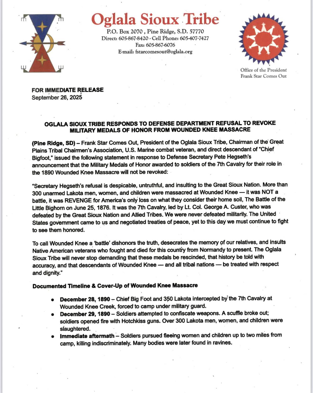 Oglala Sioux Tribe President criticizes Secretary Hegseth’s decision to reinstate medals of honor for those who took part in the Wounded Knee Massacre