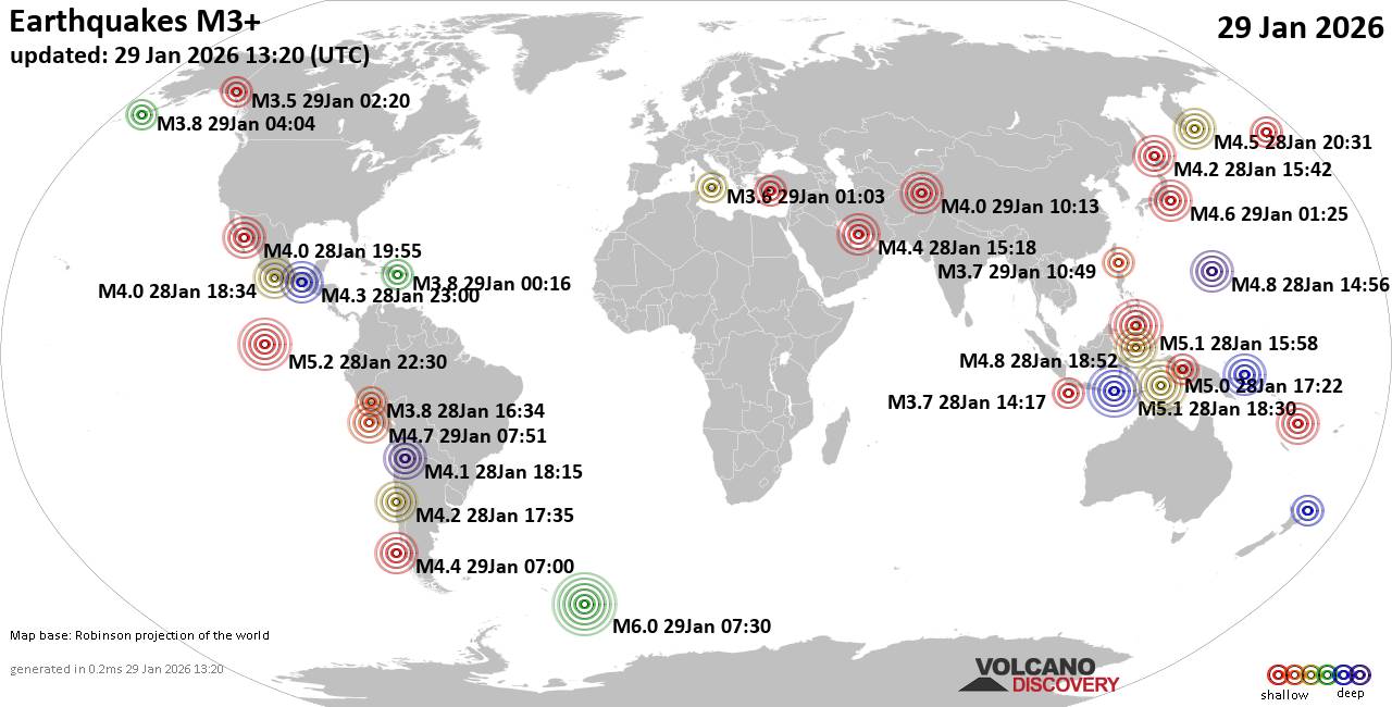 World Earthquake Report for Thursday, 29 January 2026