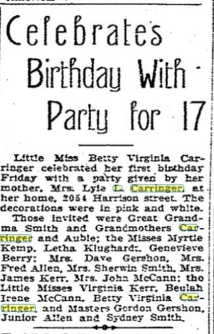 Carringers In the News - Betty Carringer's First Birthday Party in 1920