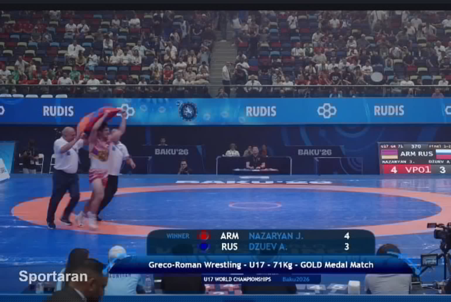 Janes Nazaryan (Arménie) remporte la médaille d’or aux Championnats du monde de lutte gréco-romaine U17 à Bakou