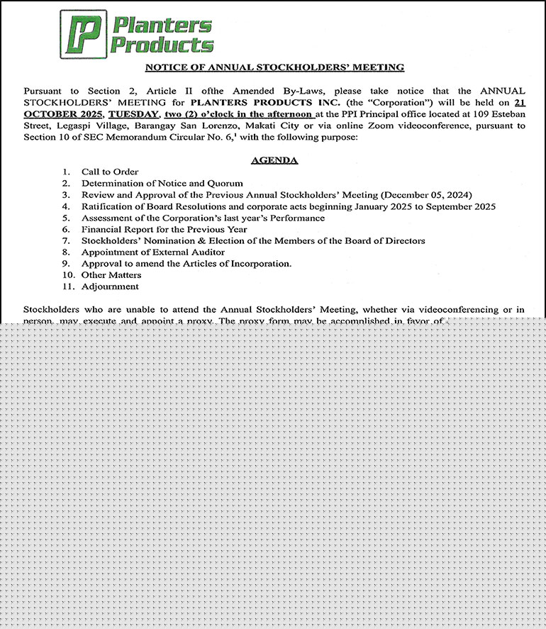Planters Products, Inc. to hold Annual Stockholders’ Meeting on Oct. 21 via Zoom or in person