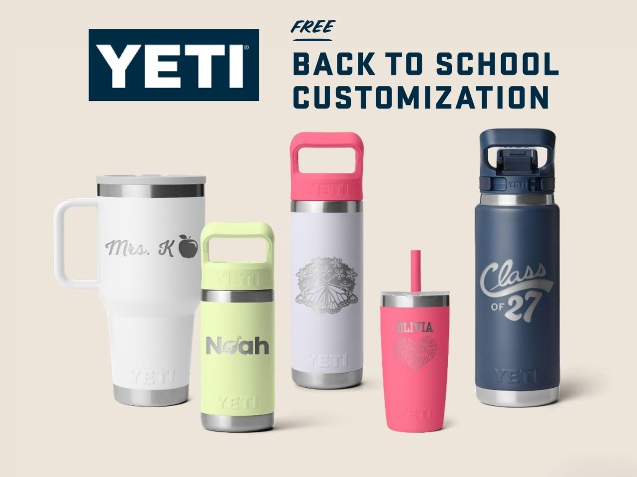 YETI is offering completely FREE customization on back-to-school water bottles and drinkware for a limited time