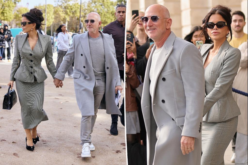 Newlyweds Jeff Bezos and Lauren Sánchez wear matching gray outfits at Paris Fashion Week