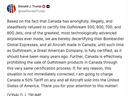Latest Trump tantrum, threatens 50% aircraft tariff on Canada over jet certification fight