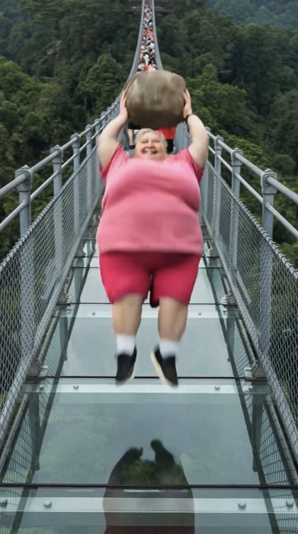 AI Lady With Rock Breaking Glass Bridge - AI Lady jumping backward with rock on glass bridge (reaction image)