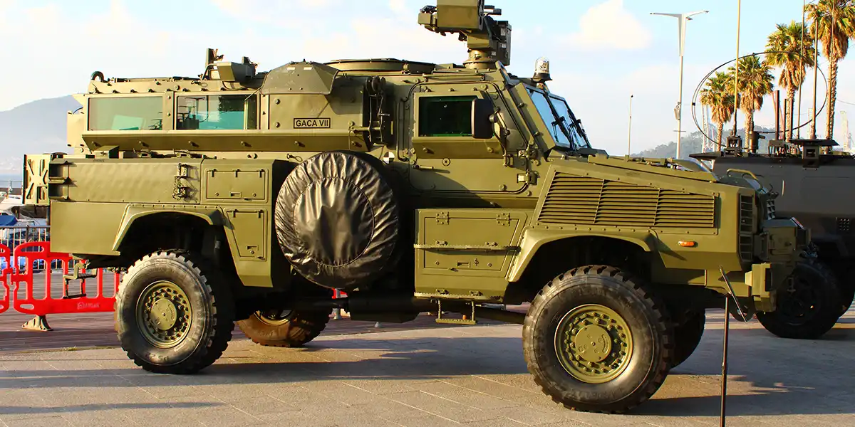 A close-up view of a Spanish Army RG-31 Mk5E Nyala MRAP armored vehicle