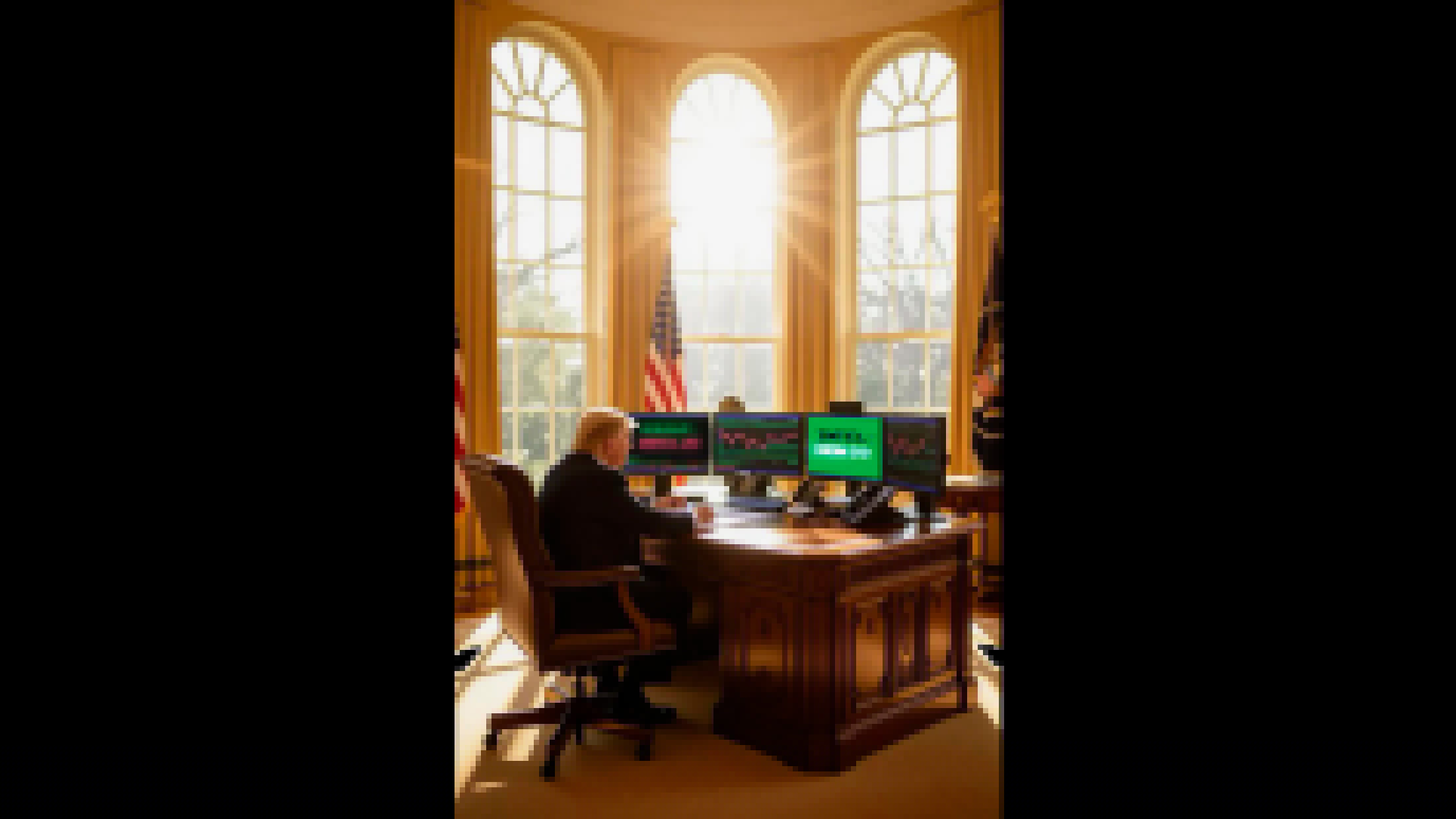 President Trump posts an AI-generated image of him trading Intel stock inside the White House — imaginary share was bought at $20 and sold at $30, reflective of real-world prices