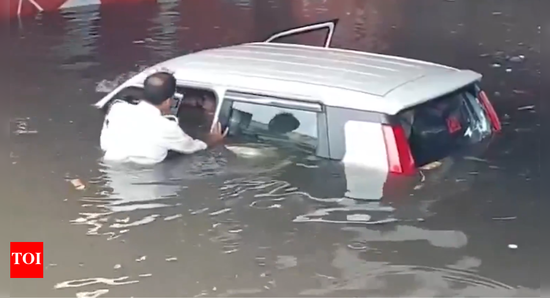Neck-deep water, no fear: Flooded Mathura underpass poses danger; cop rescues family trapped in car