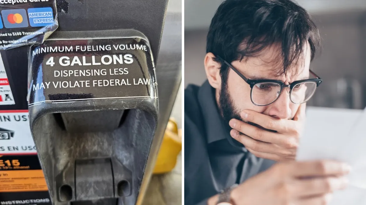 Sticker at an Ohio gas station appears to warn of a 4-gallon ‘minimum fueling volume’ rule, and violating it may have legal consequences