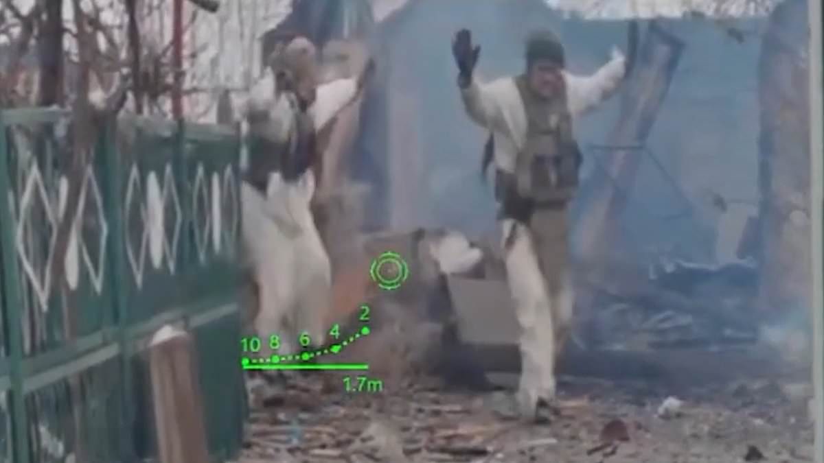Moment terrified Russian soldiers surrender to Ukrainian machine gun-mounted combat robot on meatgrinder front line