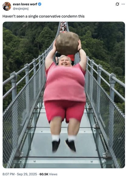 AI Lady With Rock Breaking Glass Bridge - Haven’t seen a single conservative condemn this