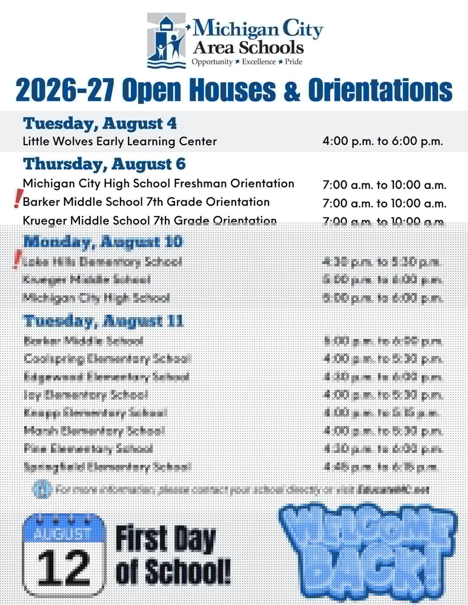 Michigan City Area Schools orientations and open houses information