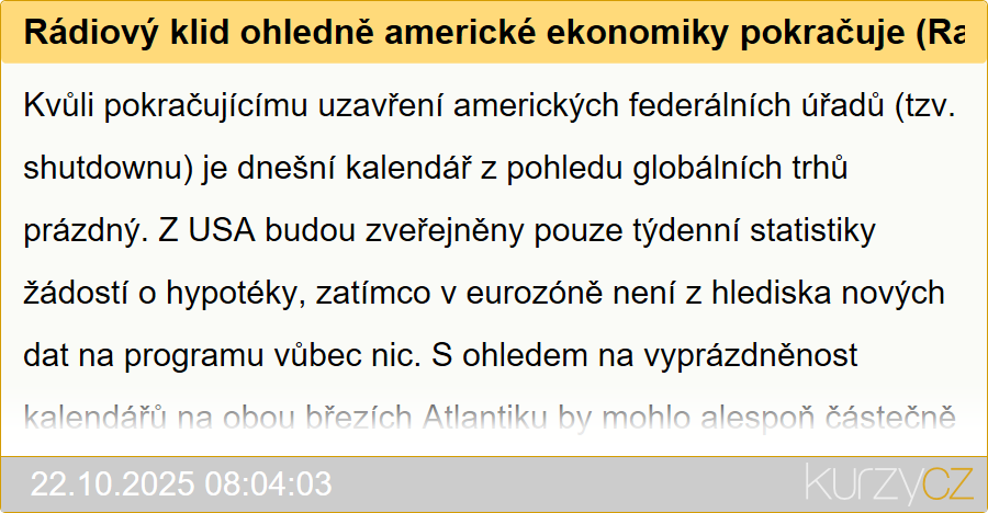 Rádiový klid ohledně americké ekonomiky pokračuje (Ranní zpráva z finančního trhu)