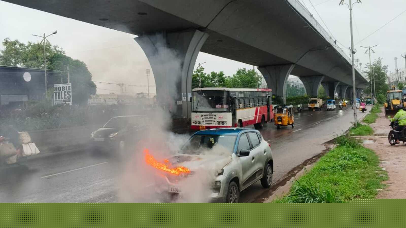 Video: Moving car catches fire under Hyderabad’s PVNR Expressway