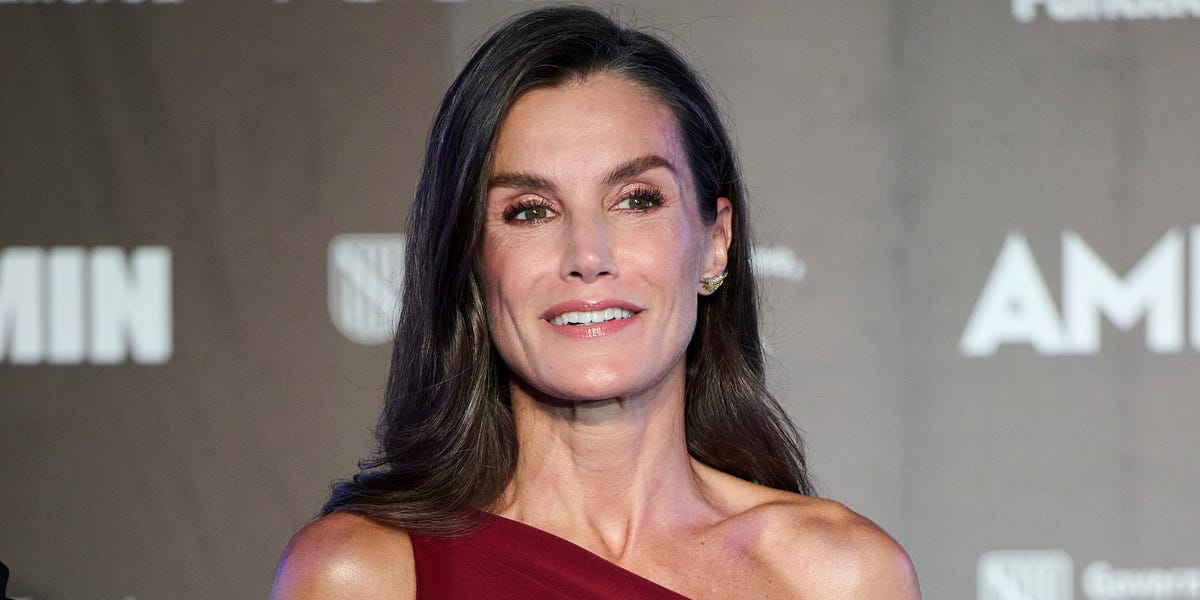 Queen Letizia Looks Fantastic in a Burgundy Off-the-Shoulder Cocktail Dress