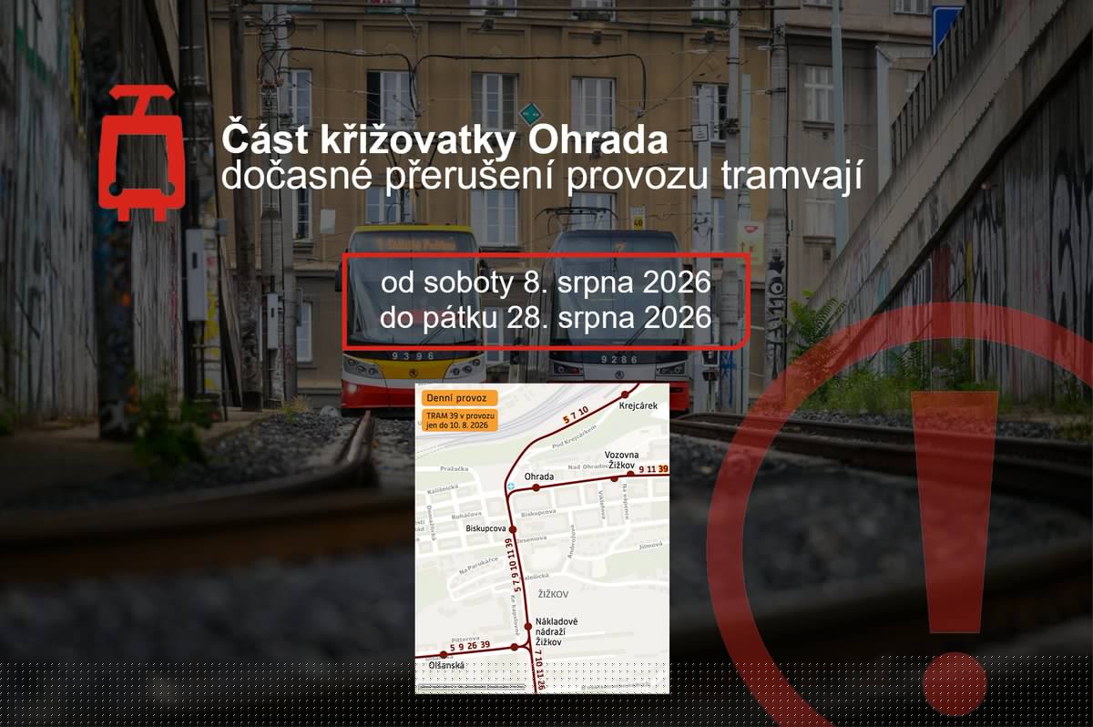 OHRADA | Upozorňujeme, že z důvodu obnovy vodovodního řadu přerušíme od soboty 8. srpna 2026 do pátku 28. srpna 2026 provoz tramvají v části křižovatky Ohrada