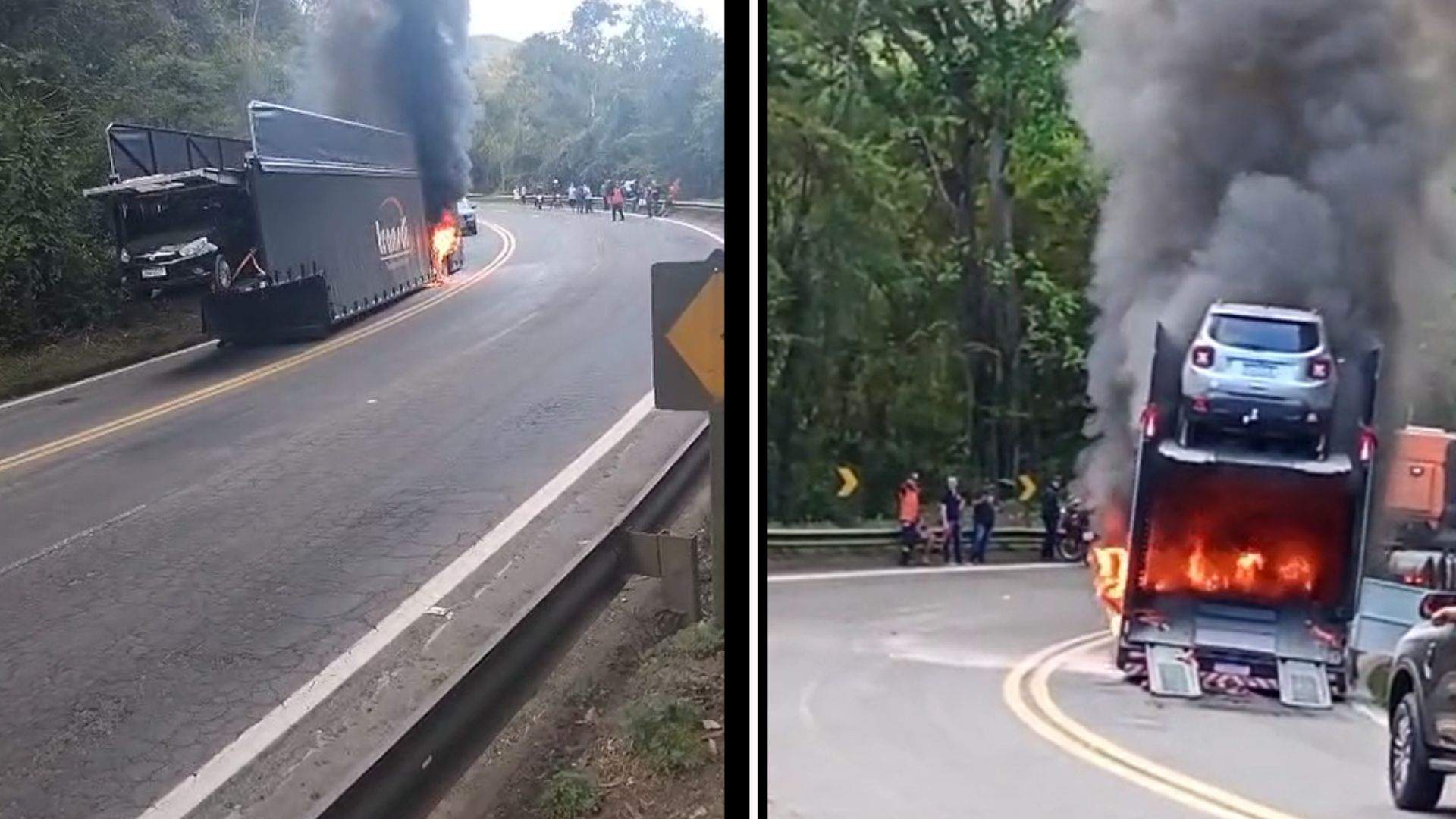 Caminhão-cegonha pega fogo e interdita BR-262 entre Domingos Martins e Viana