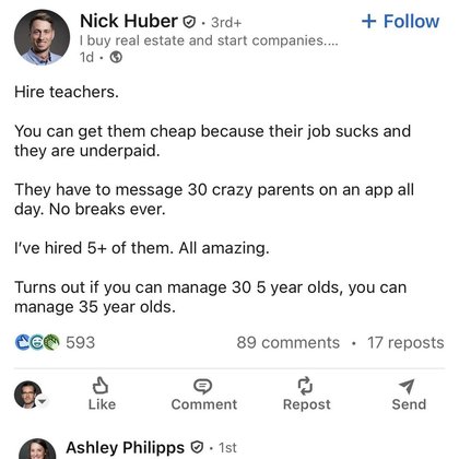 /r/LinkedInLunatics / LinkedIn Lunatics - Teachers are cheap labor