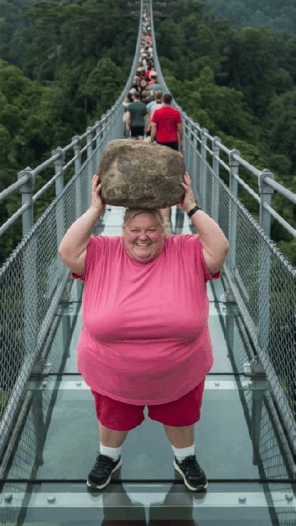 AI Lady With Rock Breaking Glass Bridge - HD GIF of AI Lady With Rock Breaking Glass Bridge