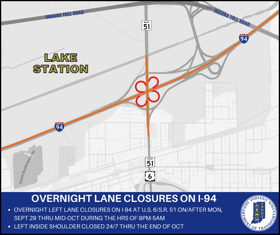 I-94 to have overnight lane closures near U.S. 6/S.R. 51