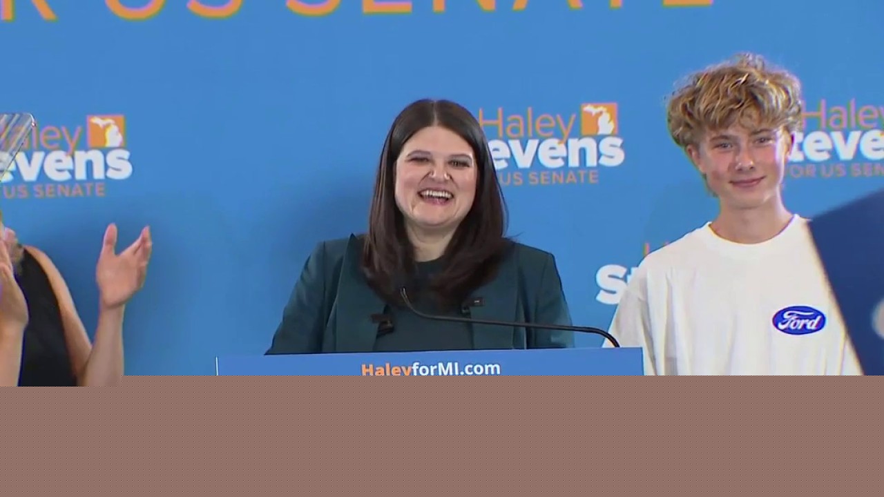 Candidate Haley Stevens speaks as votes are counted in Michigan Primary