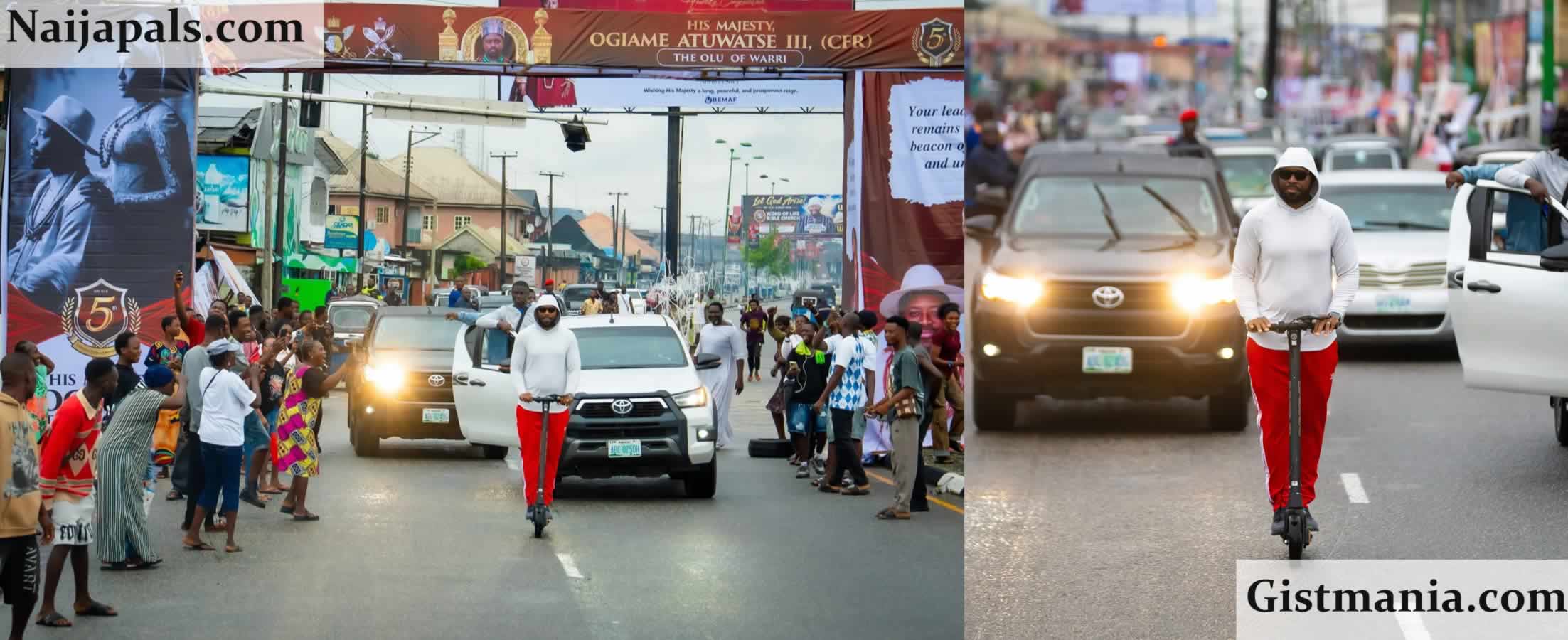 Olu of Warri Turns Heads, Rides Scooter to Inspect 5th Coronation Anniversary Plans (Photos)