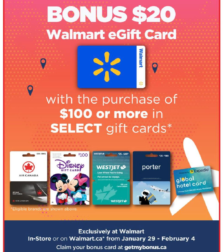 Walmart Canada: Get a Bonus $20 Walmart eGift When You Purchase $100 or more in Select Gift Cards