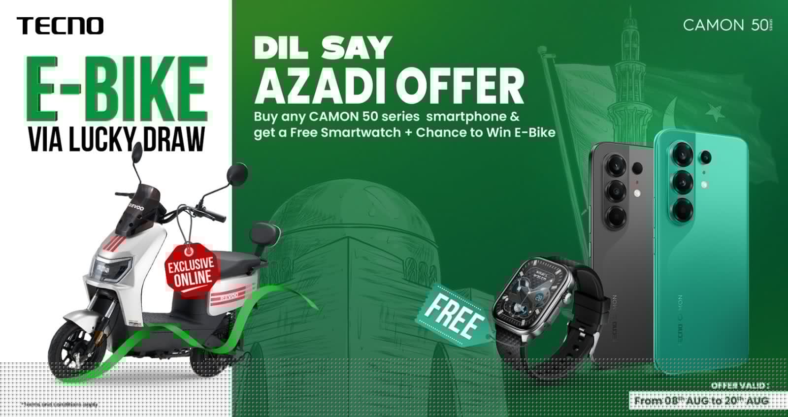 Celebrate Independence Day with TECNO: Get a Free Smartwatch Worth PKR 10,000 & Win a Revoo Y06 Electric Bike