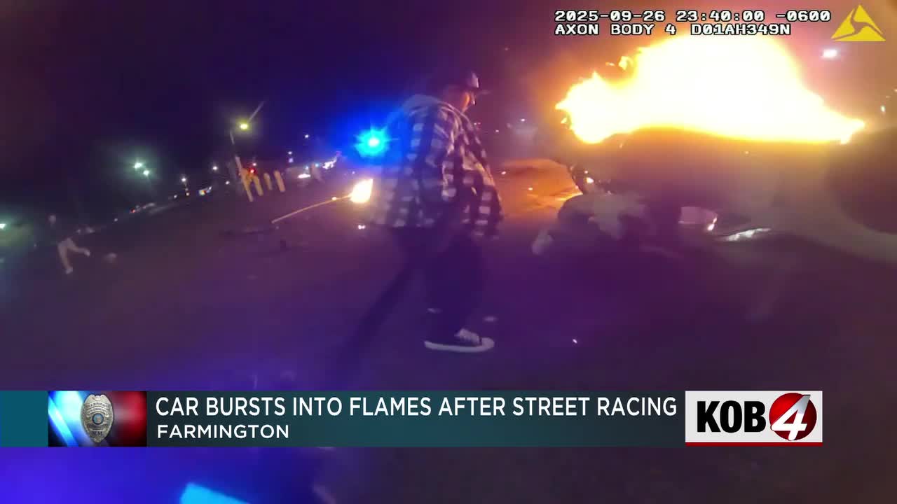 Video: Car bursts into flames after street racing in Farmington