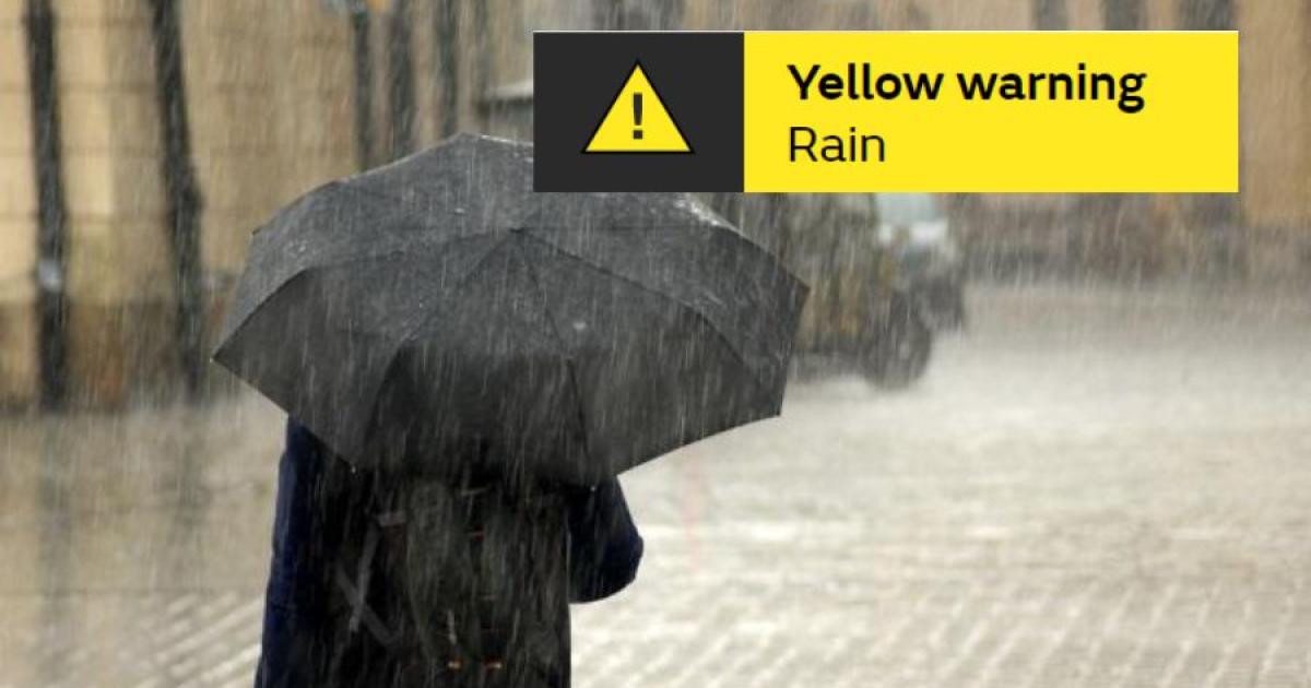 Yellow weather warning issued as heavy rainfall set to cause disruption