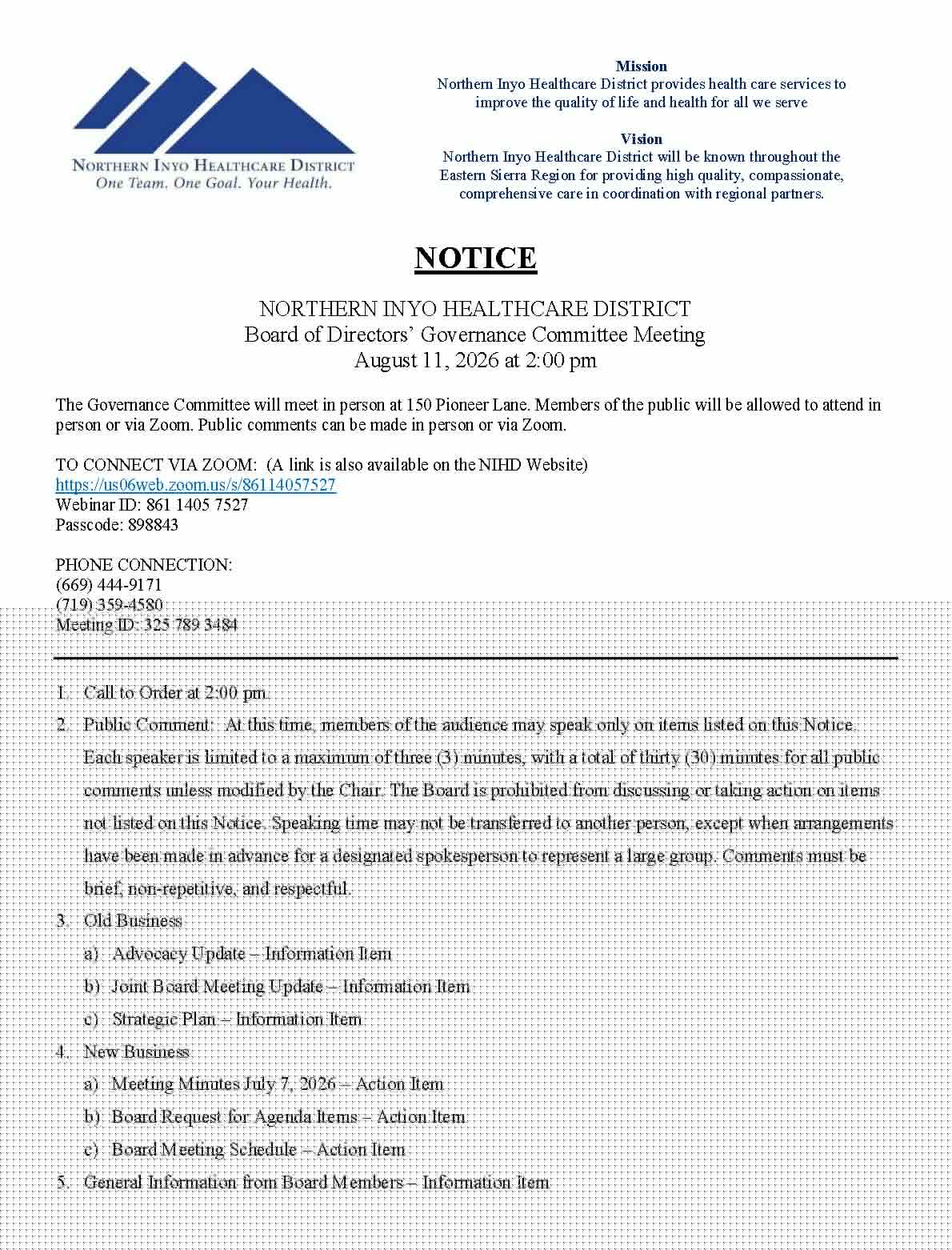 NIHD Board of Directors’ Governance Committee Meeting
