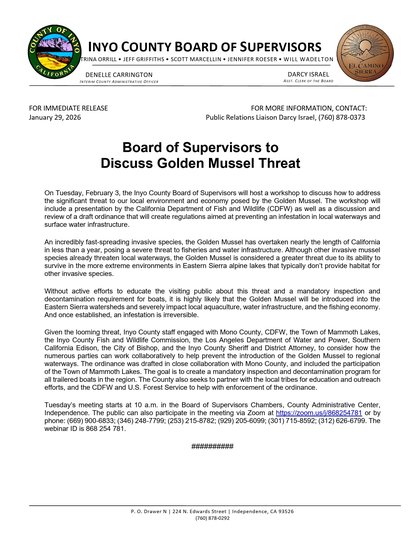 Board of Supervisors to Discuss Golden Mussel Threat