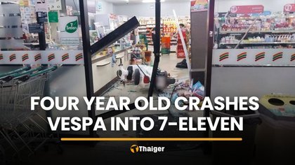 Four year old girl crashes Vespa into 7-Eleven in Pathum Thani