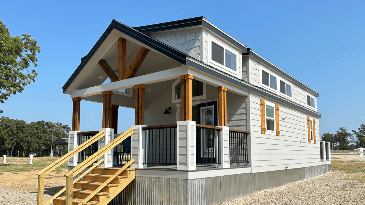 Extra-Wide Ashland Tiny House is Park Model With Two Porches and Dollhouse Aesthetic, Sleeps Eight