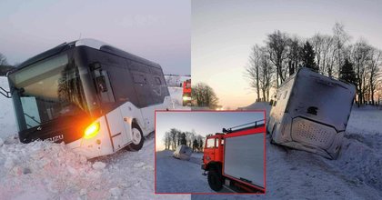 Vaikų kelionė į mokyklą baigėsi pakelės griovyje: teko atkasinėti sniego prispaustas pavojingai pasvirusio autobuso duris