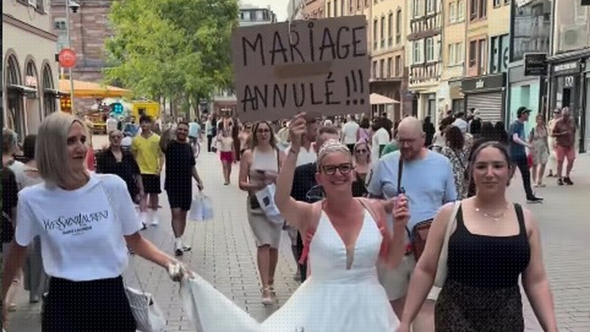 VIDÉO. "Mariage annulé, les copains avant les connards" : malgré sa récente séparation, une Strasbourgeoise fait le buzz en célébrant son EVJF en robe de mariée