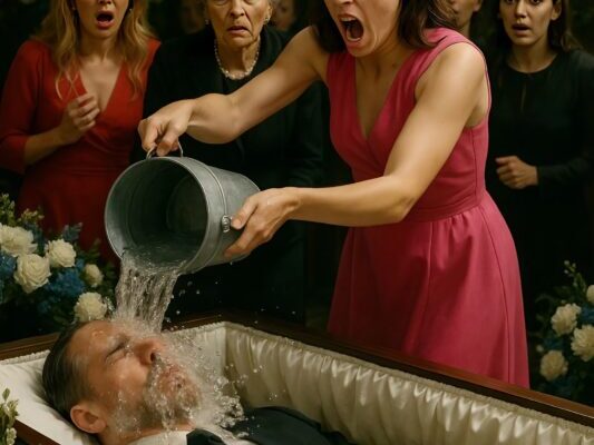 The woman walked to her husband’s coffin and poured the contents of the bucket over his face.