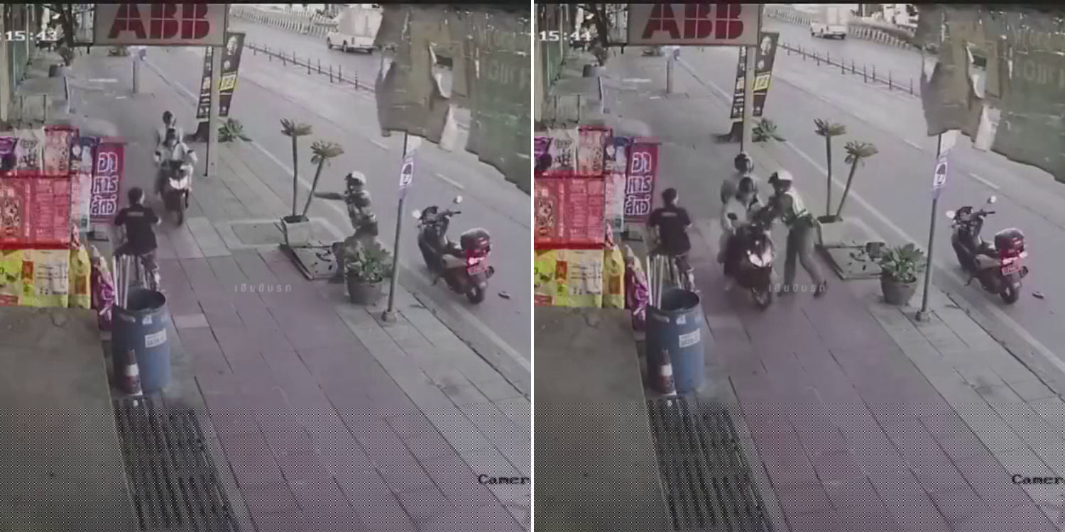 Cop in Thailand pushes motorcyclist riding on sidewalk, who falls on cyclist nearby