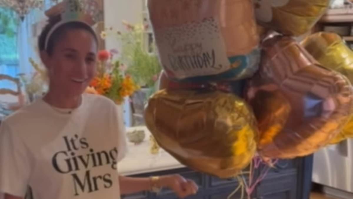 Meghan Markle posts clip of her dancing to a happy birthday song wearing a tiara-like headband while Harry laughs and says 'oh dear' - as duchess celebrates turning 45