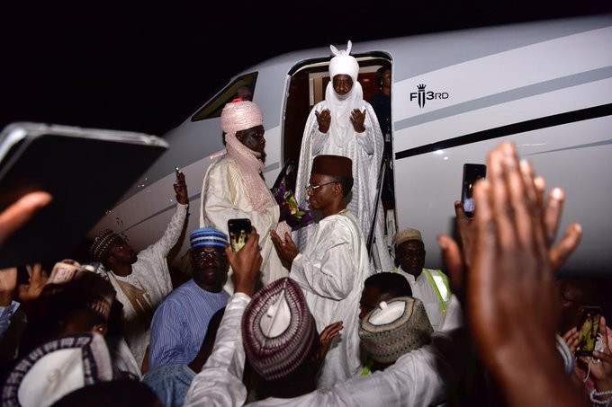 Photos: Deposed Emir of Kano, Sanusi Arrives Lagos