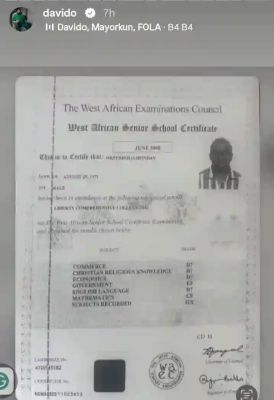 Osun 2026: Davido shares alleged Edo governor WAEC result amid campaign jibes