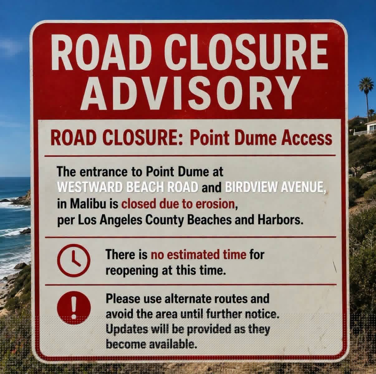 Malibu Announces Point Dume Road Closure Advisory
