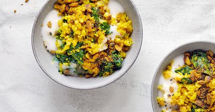 Riced Cauliflower Bowl With Chickpeas and Pistachio Dukkah