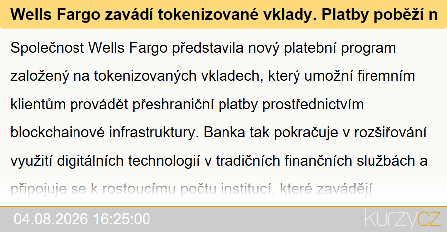 Wells Fargo zavádí tokenizované vklady. Platby poběží nepřetržitě 24/7