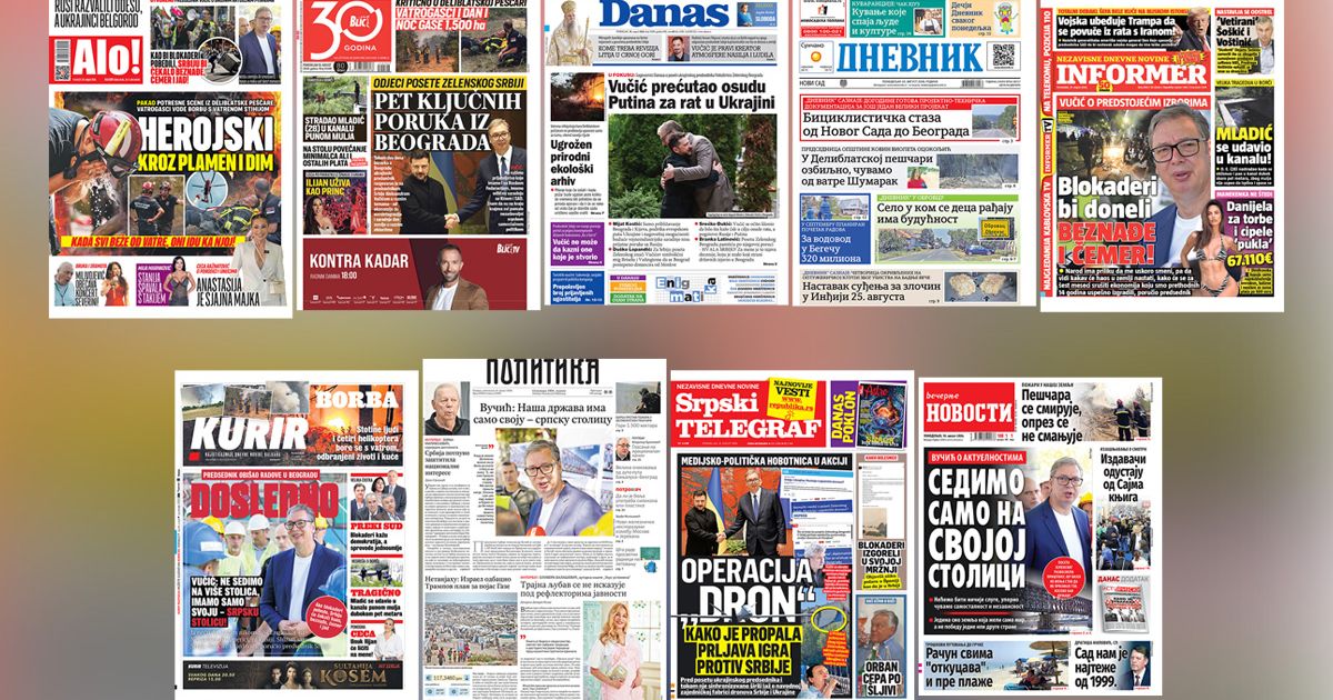 NASLOVNE STRANE SUTRAŠNJIH NOVINA: Prelistavanje štampe za ponedeljak, 10. avgust 2026. godine