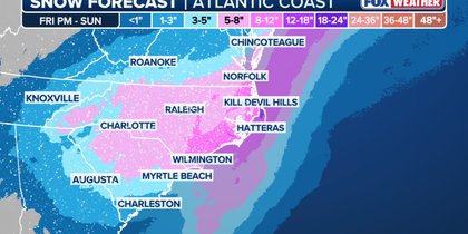 Weekend nor'easter to bomb off the East Coast, dumping heavy snow in the Carolinas and part of New England