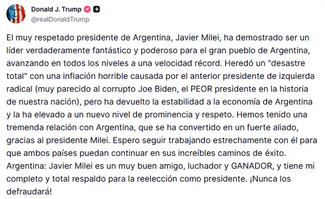 "Un líder fantástico y poderoso": Donald Trump alaba a Javier Milei y apoya su reelección como presidente de Argentina