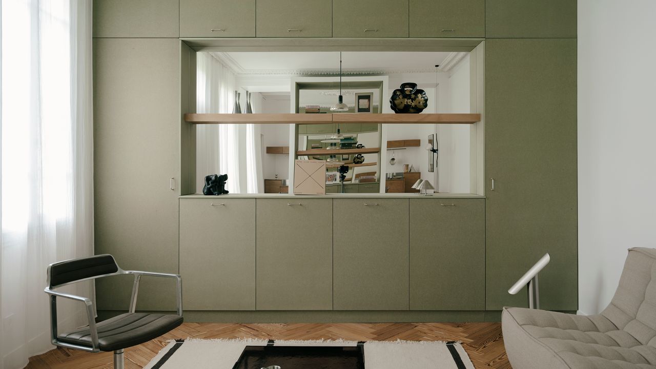 A 592-Square-Foot Garden Apartment in Normandy Gets an Earthy Olive Overhaul